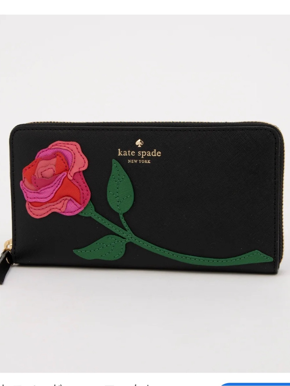 kate spade Black Wristlet with Pink and Red Rose Appliqué